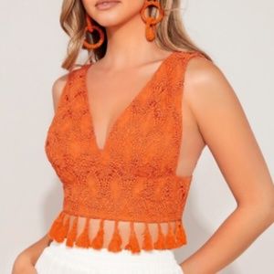 SHEIN | Lace Tassel V-Neck Sleeveless Cropped Top Small Tassel Hem Orange